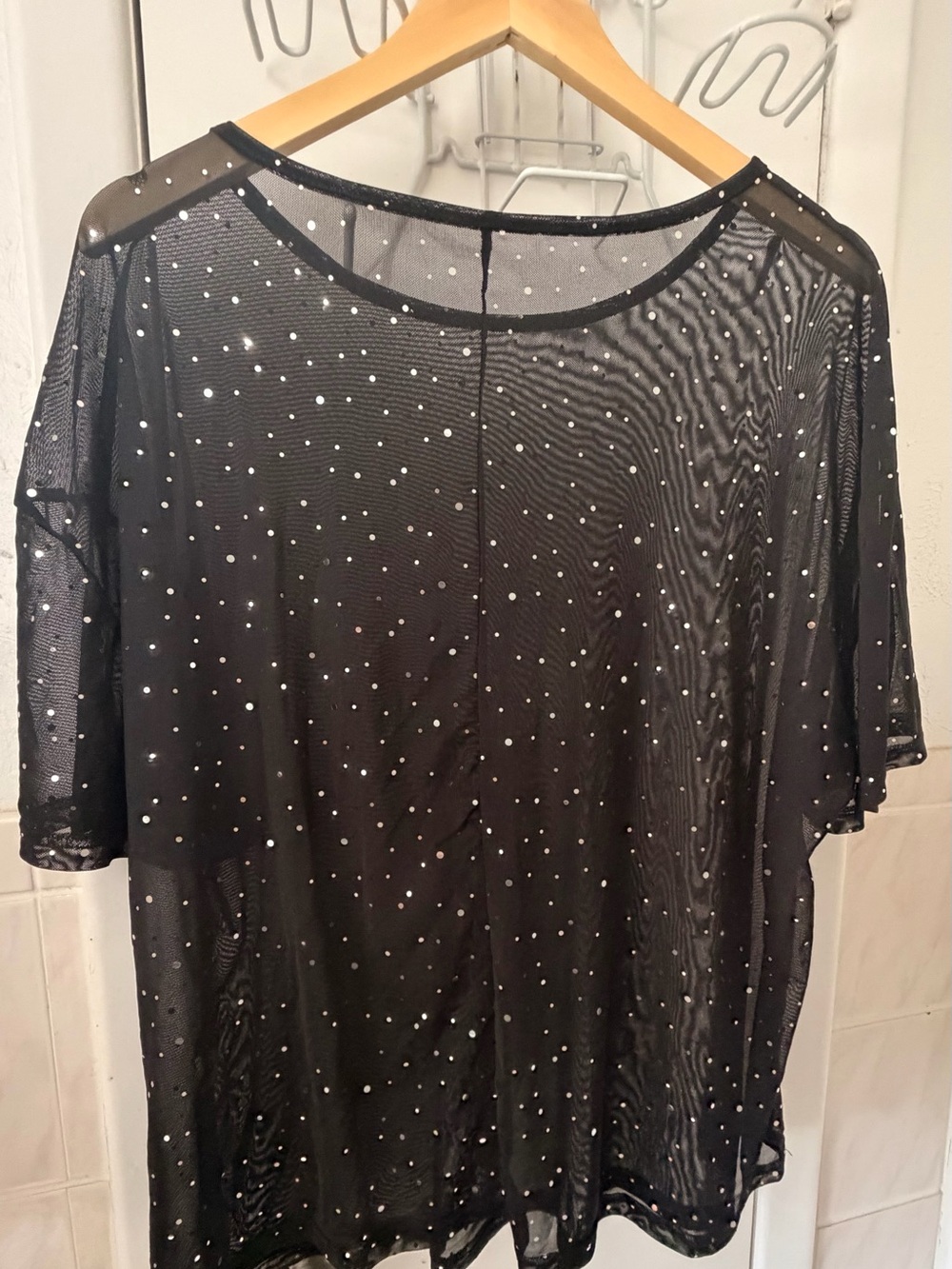 Black Sheer Short-Sleeve Top with Scattered Rhinestone Detail